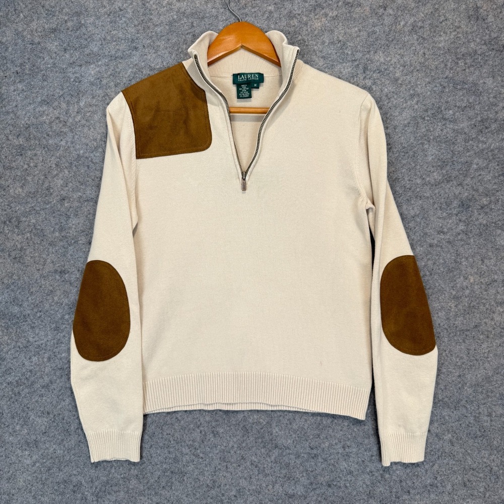 Lauren Ralph Lauren 1/4 Hunting Sweater Womens Medium Suede Shoulder Patch